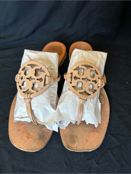 Tory Burch Shoes - Tory Burch miller Tan Leather Logo Thong Sandals with Cutout Medallion Nude 8.5